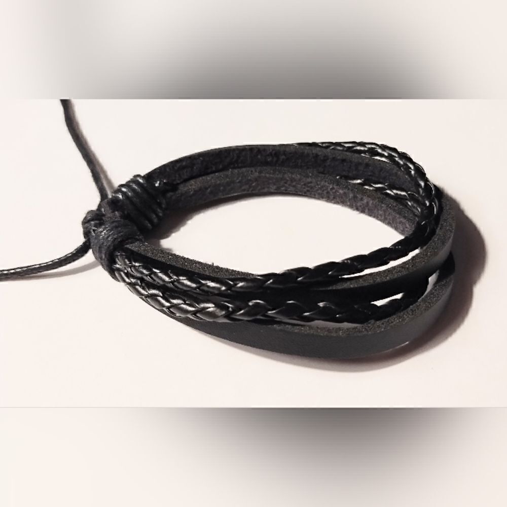 Men's bracelet leather braided‎ layered black new d60